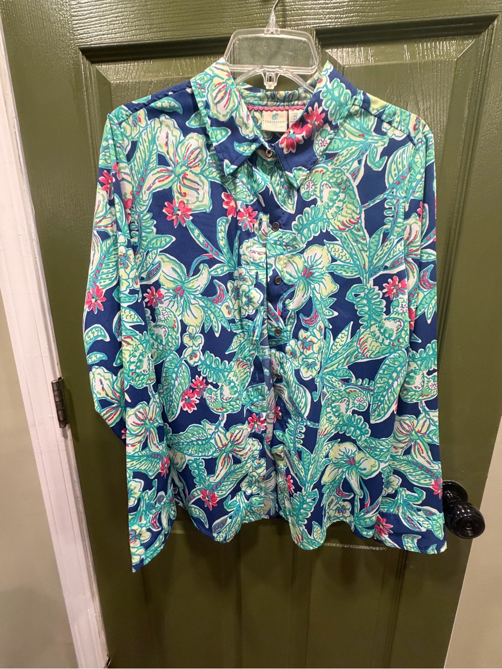 Caribbean Joe Navy Button-Down Shirt with Mint & Pink Floral Print